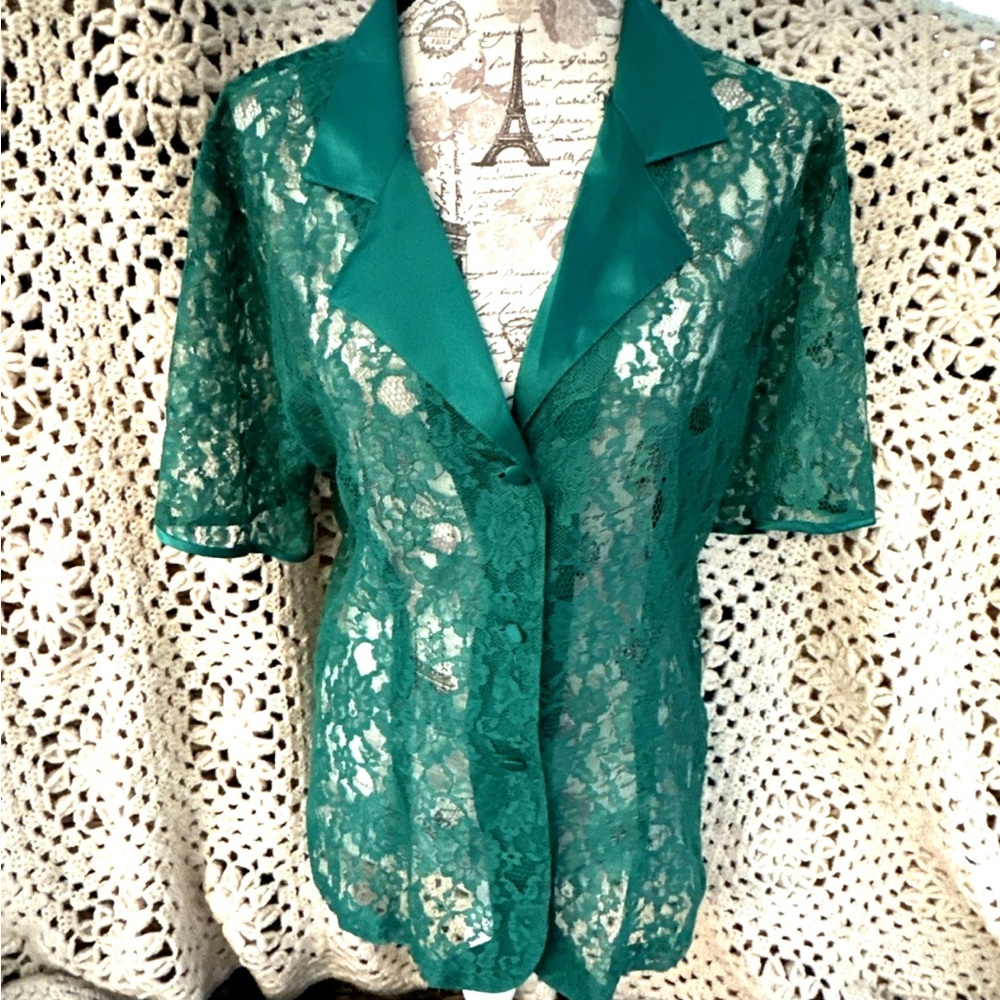 Victoria's Secret Vintage Green Lace Satin Button Up Top Womens Large Gold Label